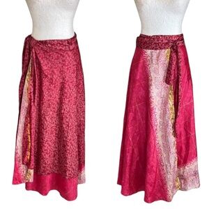 Silk Reversible Raspberry Red Pink Metallic Gold Wrap Maxi Skirt - OS